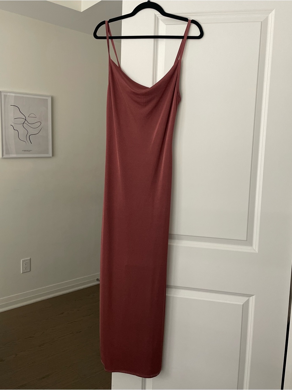 Olivia Rae Dusty Rose Cowl Neck Maxi Slip Dress, size medium.